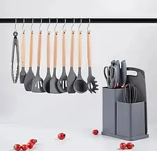 Набір кухонного приладдя на підставці TS Kitchen 19 штук із силікону з бамбуковою ручкою Сірий, фото 6