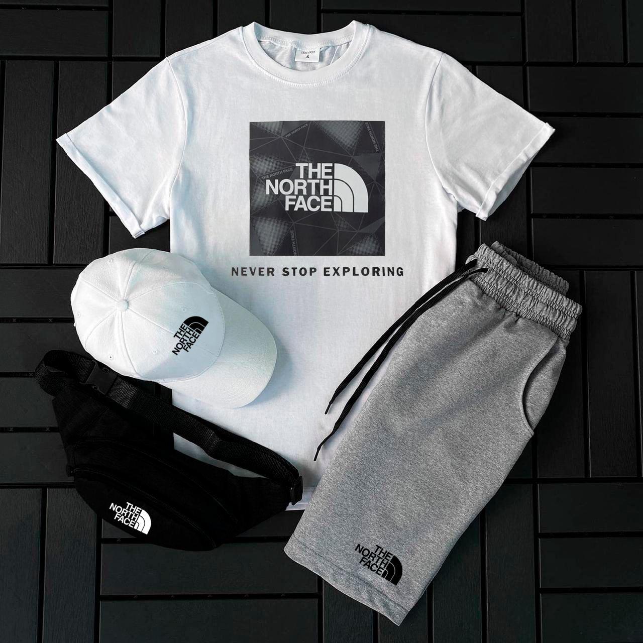 Чоловічий літній костюм The North Face Футболка + Шорти + Кепка + Барсетка білий Комплект Зе Норт Фейс