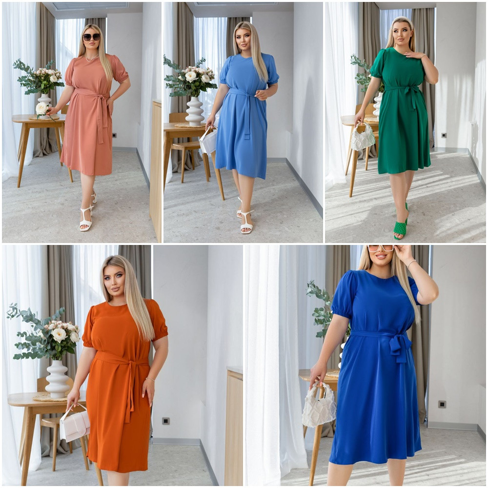 Плаття однотон із короткими рукавами міді креп-склянки, розміри батал