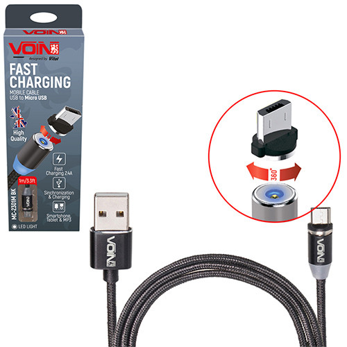 Кабель магнітний VOIN MC-2301M BK USB - Micro USB 2,4А, 1m, black (тільки зарядка)