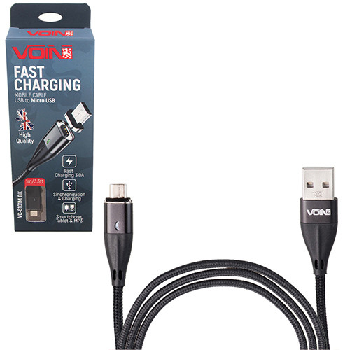 Кабель магнітний VOIN USB - Micro USB 3А, 1m, black (швидка зарядка / передача даних)