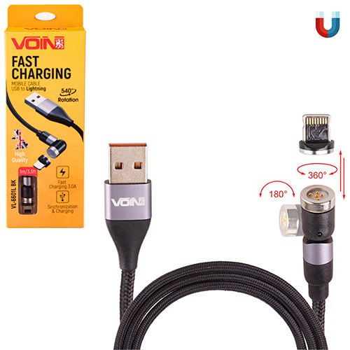 Кабель магнітний шарнірний VOIN USB - Lightning 3А, 1m, black (швидка зарядка / передача даних)