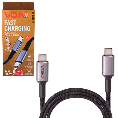 Кабель VOIN Type C - Type C 5А/20V, QC4.0/PD 1m, black (швидка зарядка / передача даних)