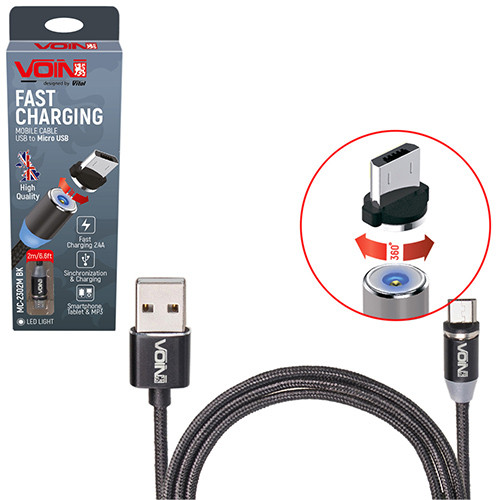 Кабель магнітний Voin MC-2302M BK USB - Micro USB 2,4А, 2m, black (тільки зарядка)