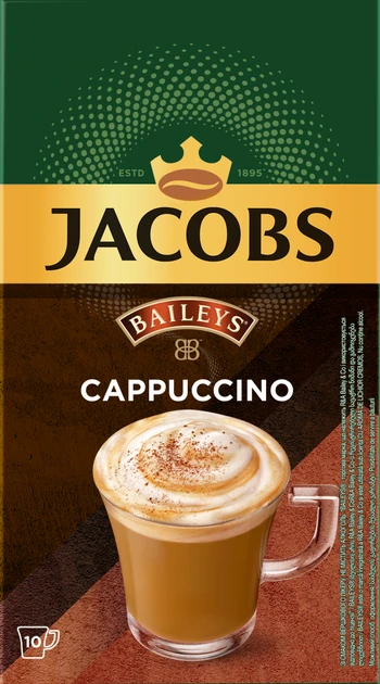 Кавовий напій 3в1 Jacobs Cappuccino Baileys 10 стіків швидкорозчинного капучіно Бейліз, фото 1