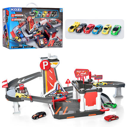 Гараж іграшковий 2 поверхи, підйомник (механіч.), машинки 5шт QL907