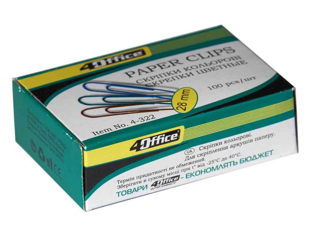 Скріпки канцелярські 28мм 100шт Прямі рvc кольори .в ас-ті 4-322 ТМ 4OFFICE BP, фото 1