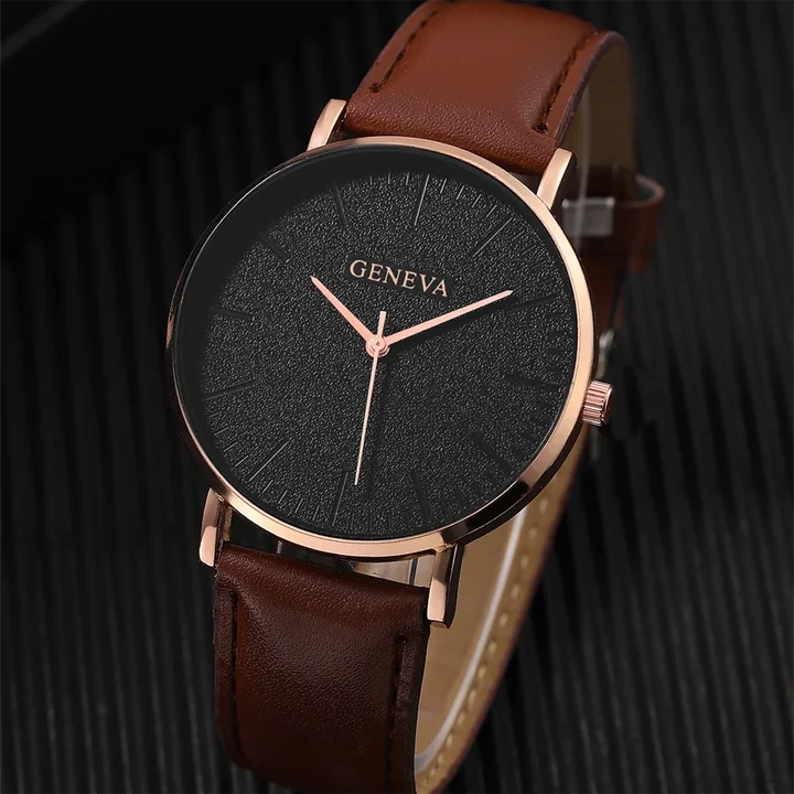 Жіночий годинник Geneva Classic steel watch чорний із коричневим ремінцем