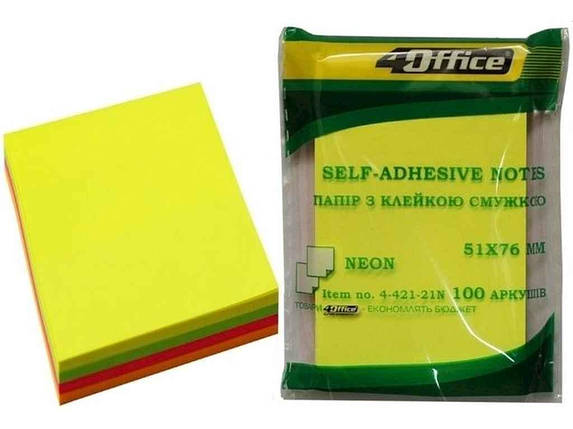 Папір для нотаток кл. 51х76мм 100арк неон мікс 4кол.*25арк. 4-421-21nice ТМ 4OFFICE BP, фото 1