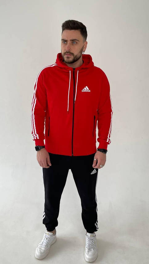 Спортивний костюм чоловічий Adidas червоно-чорний із лампасами повсякденний стильний молодіжний кофта з капюшоном, фото 1