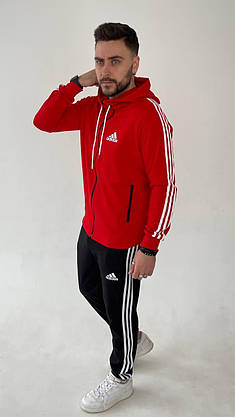 Спортивний костюм чоловічий Adidas червоно-чорний із лампасами повсякденний стильний молодіжний кофта з капюшоном, фото 5