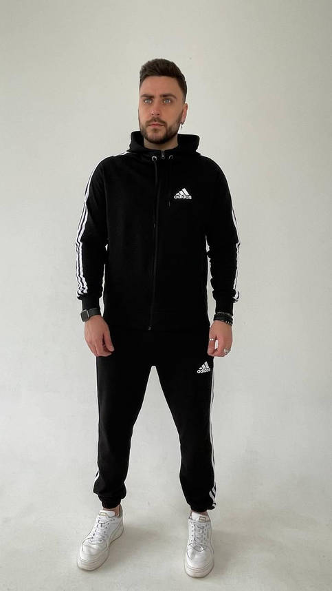 Спортивний костюм чоловічий Adidas чорного кольору з лампасами повсякденний стильний молодіжний кофта з капюшоном, фото 1