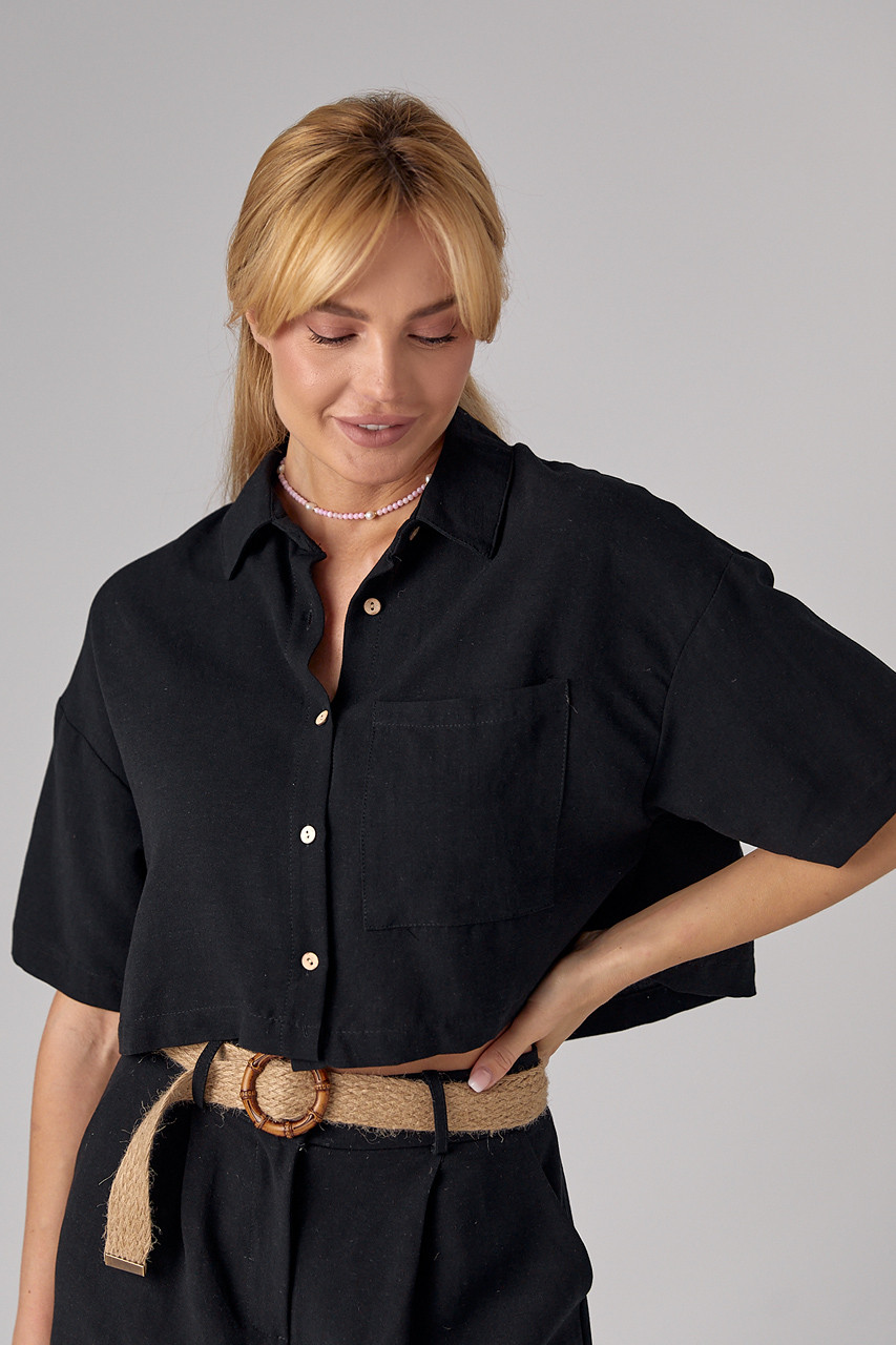 Жіноча льняна сорочка укорочена - чорний колір, модель 8234