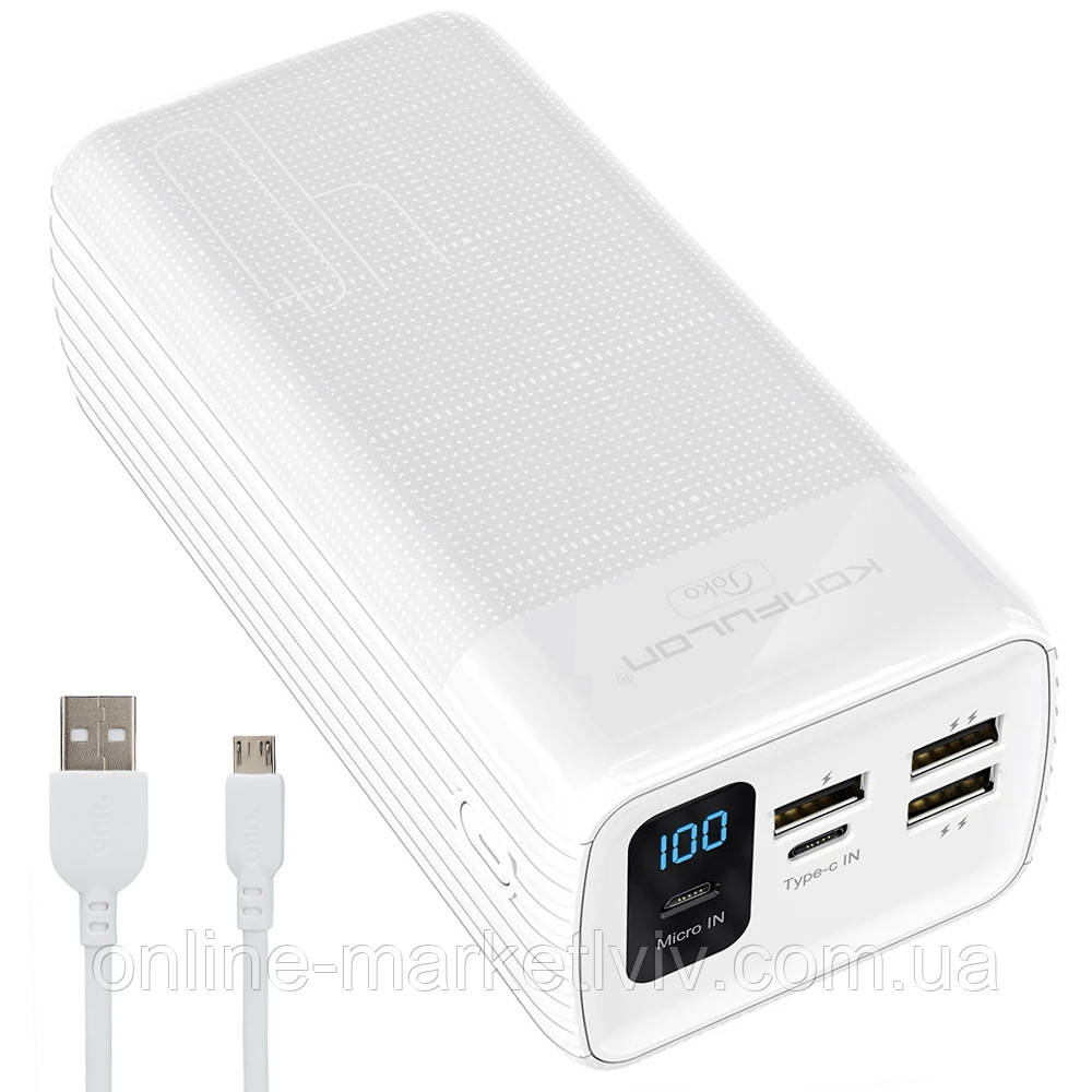 Повербанк 40000mAh з дисплеєм 3хUSB, Type-C, MicroUSB, A21S, Білий / Зовнішній портативний акумулятор