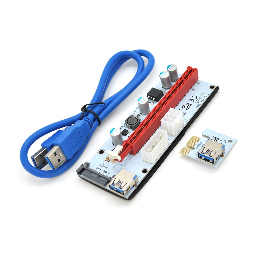 Riser PCI-EX, x1 => x16, 4-pin/6-pin/Sata, USB 3.0 AM-AM 0,6 м (синій), конденсатори 270, White/Red, Пакет