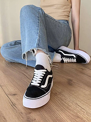 Кеди жіночі Vans Old Skool Platform white black кросівки Ванс Олд Скул чорно-білі на платформі замш текстиль