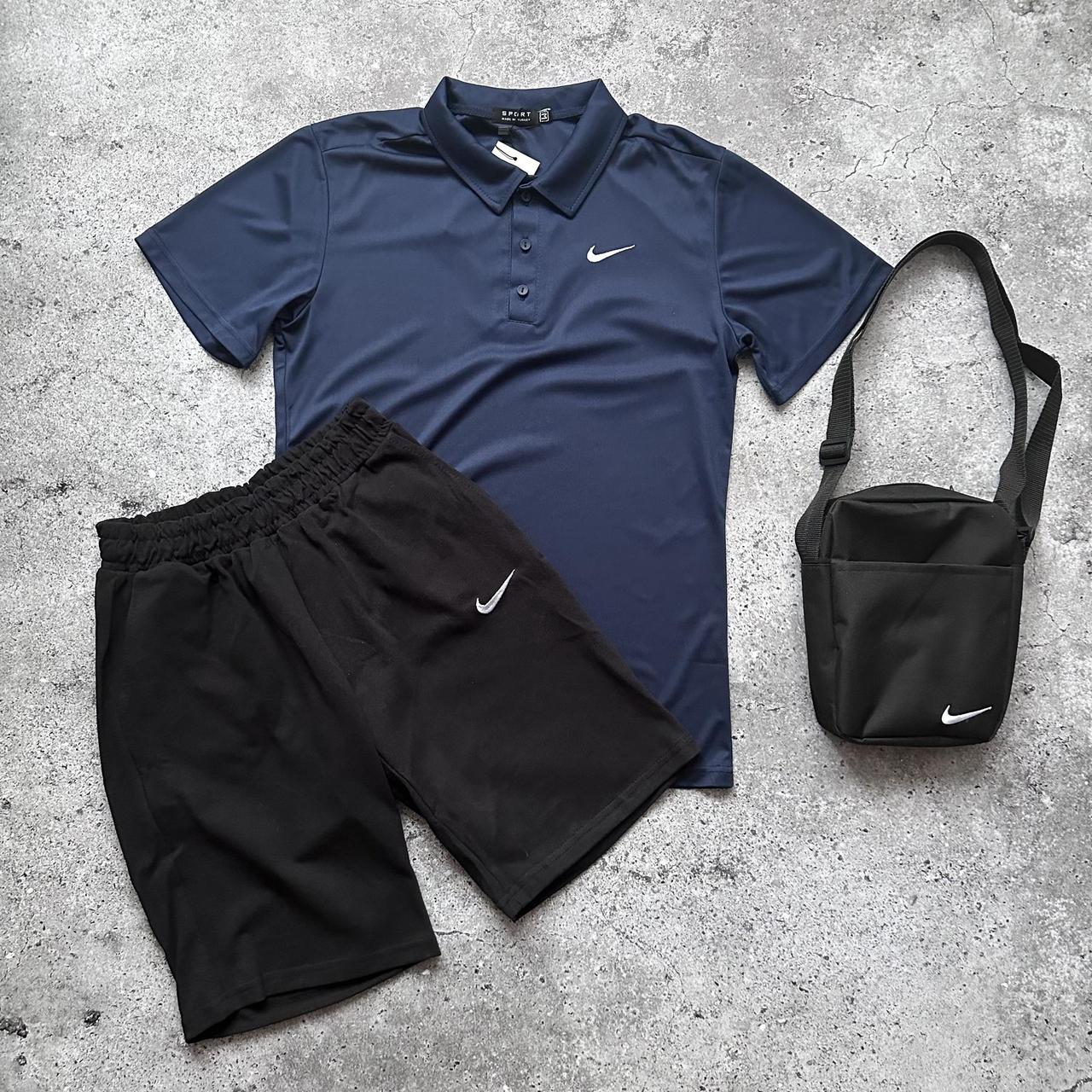 Чоловічий літній костюм Nike комплект футболка та шорти набор 3в1 (Барсетка подарунок) синій. Живе фото