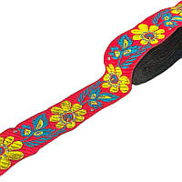 Тасьма з орнаментом червона з квітами 3,3 см