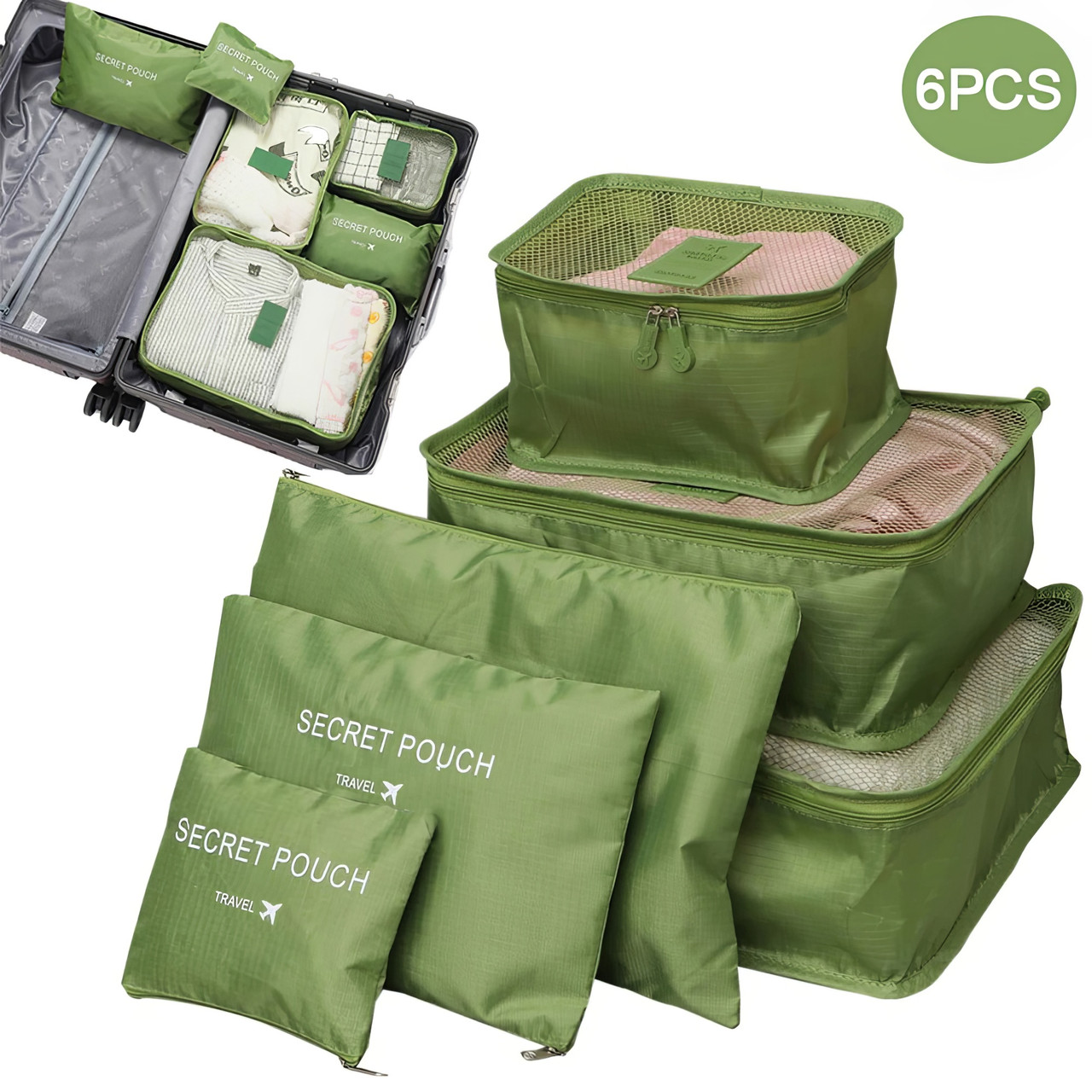 Набір органайзерів для мандрівок 6 шт. Secret Pouch Travel Оливковий, органайзери для валізи, фото 1