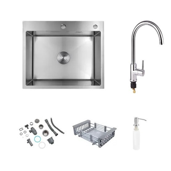 Мийка Kroner 6050HM і змішувач для кухні Qtap Spring 007F-2 з під'єднанням до фільтра