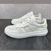 Мужские летние кожаные кроссовки (перфорация) белые, дышащие на лето для мужчин, размеры 40-45