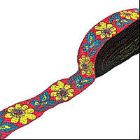 Тасьма з орнаментом червона з квітами 2,0 см
