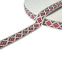 Тасьма з українським орнаментом біла із червоним і люрексом золотим 1,0 см