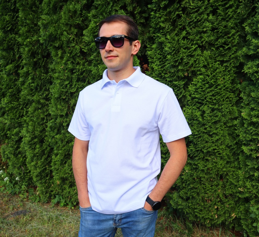 Чоловіча футболка Поло біла, тканина Лакоста,футболка вишивка,футболка поло вишита,футболка з вишиванкою, фото 1