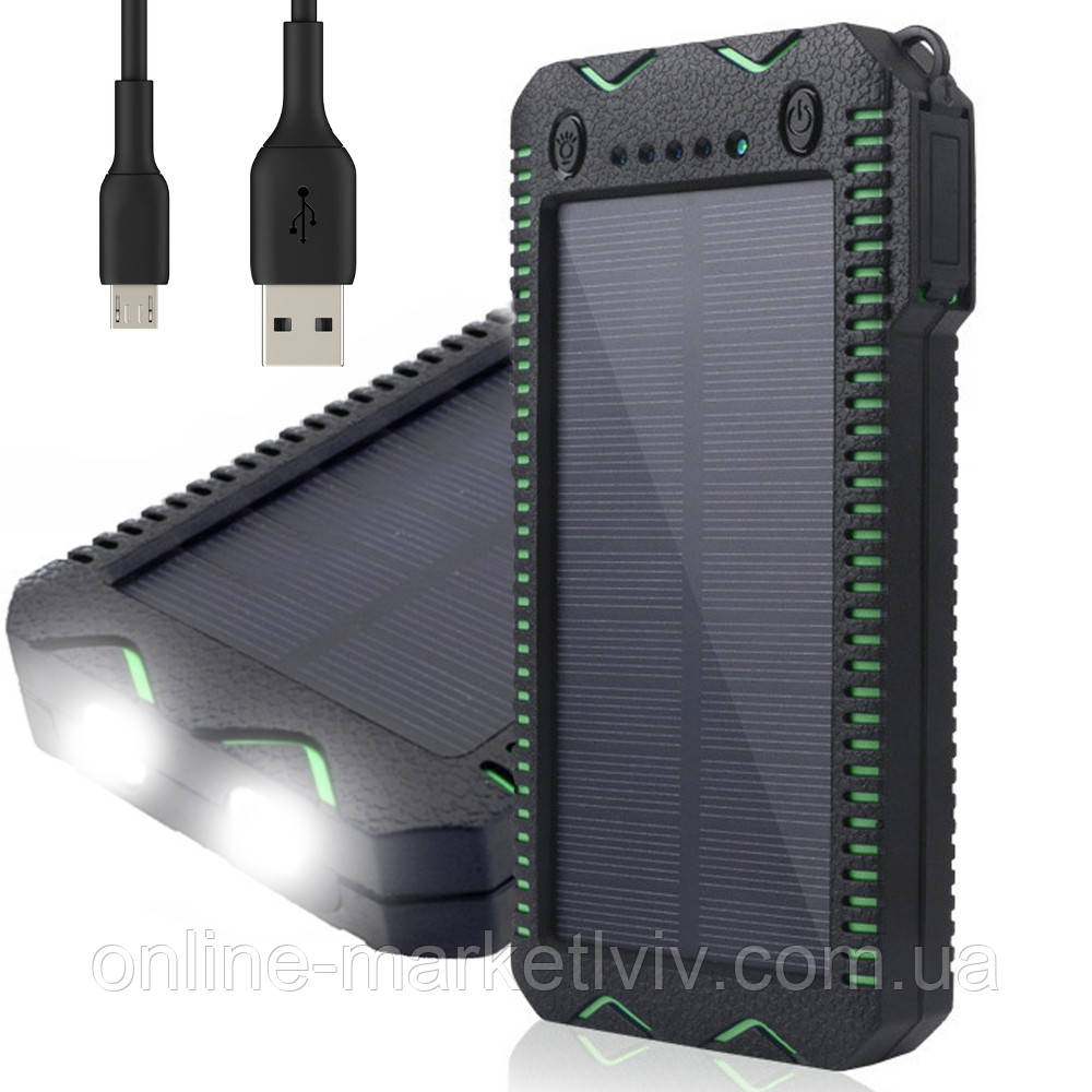 Повербанк із сонячною панеллю та ліхтариком 30000 mAh, 2хUSB, microUSB / Портативний зарядний пристрій