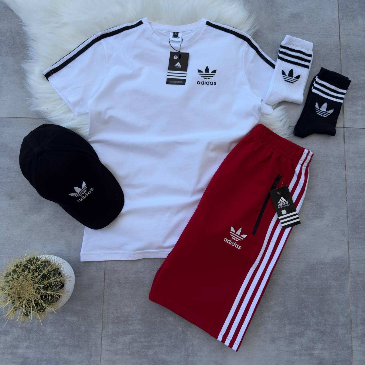 Чоловічий літній костюм Adidas Футболка + Шорти + Кепка + Шкарпетки в подарунок білий з червоним Комплект Адідас