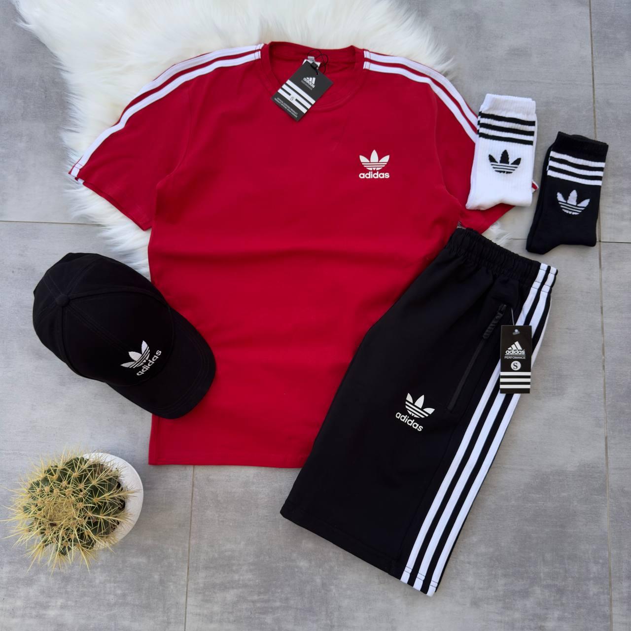 Чоловічий літній костюм Adidas Футболка + Шорти + Кепка + Шкарпетки в подарунок червоний з чорним Комплект Адідас