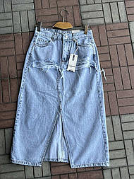 Жіноча джинсова рвана довга спідниця з розрізом спереду