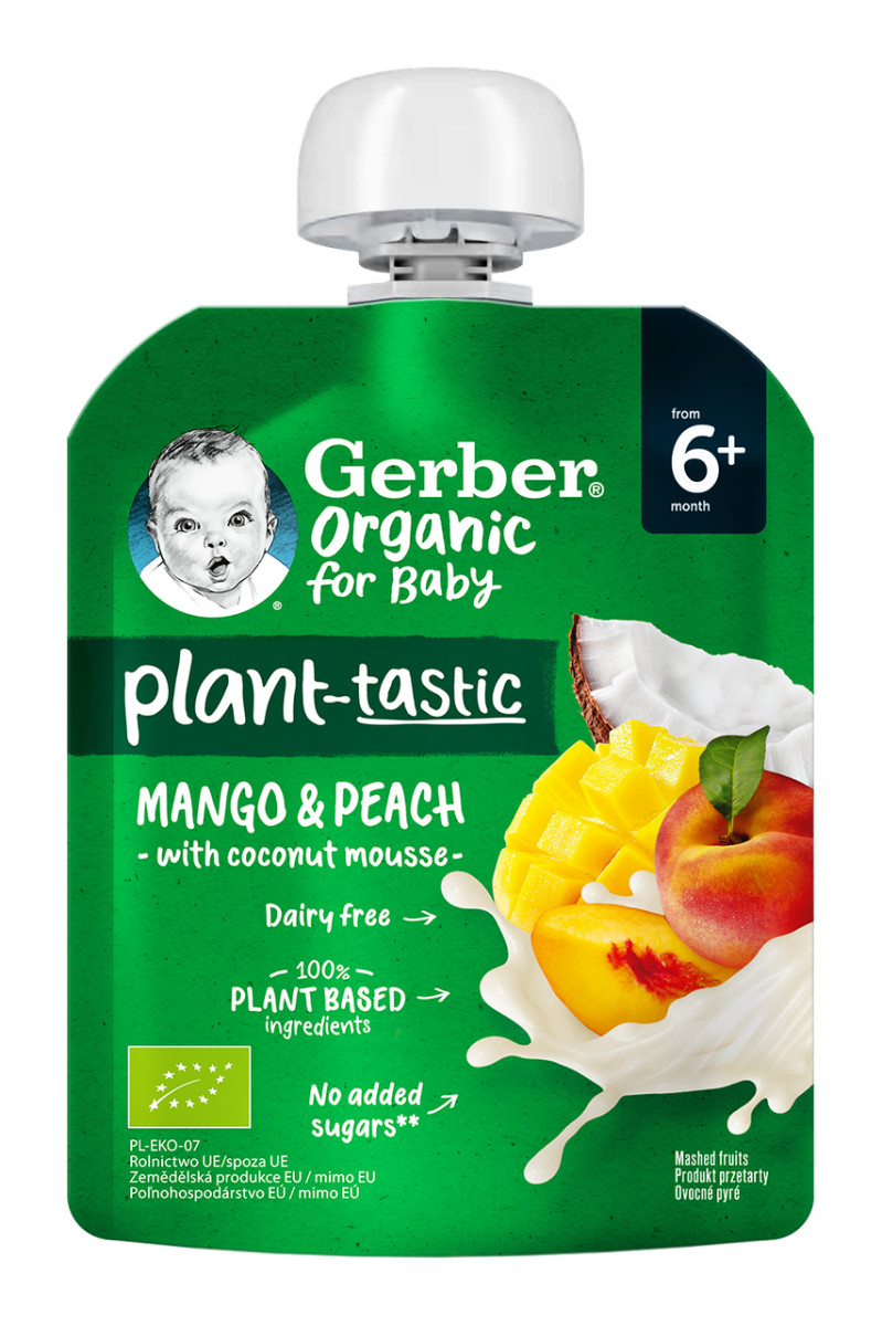 Пюре фруктове Gerber Organic з манго, персиком та кокосовим мусом з 6 місяців, 80г. (Гербер)