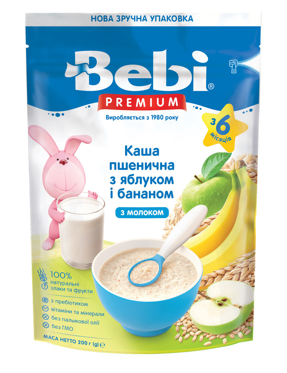 Молочна каша Bebi Premium Пшенична з яблуком та бананом з 6 міс, 200г. (Бебі Преміум)