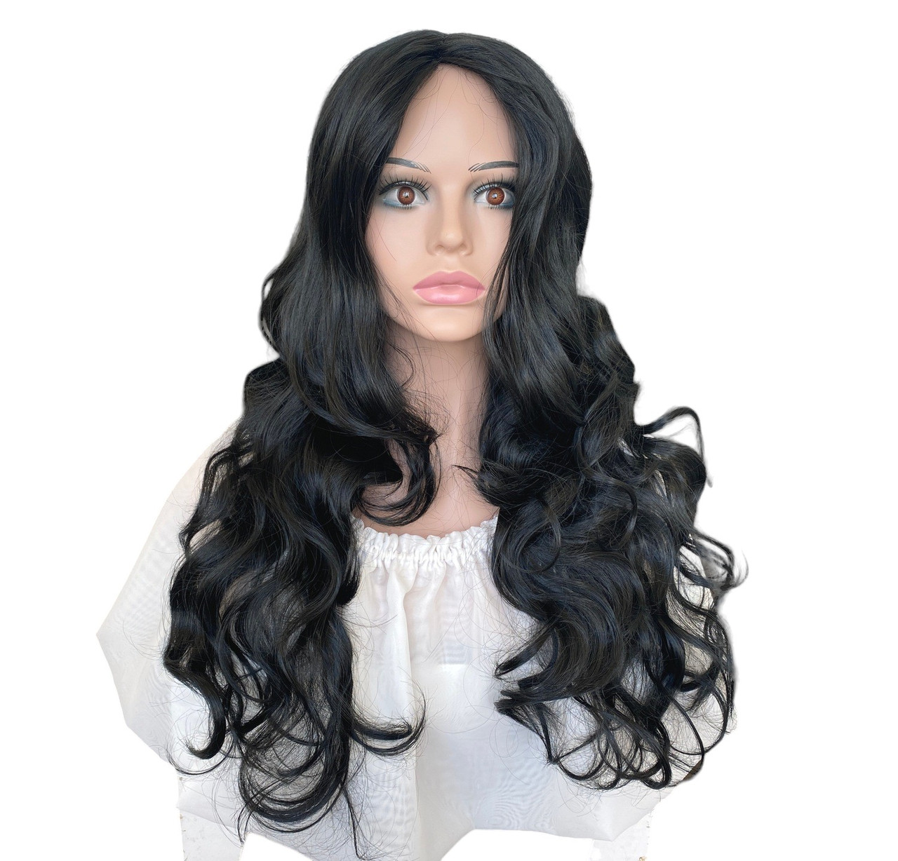 Перука жіноча хвиляста з проділом без чубчика чорний 70 см із термоволокна, фото 1