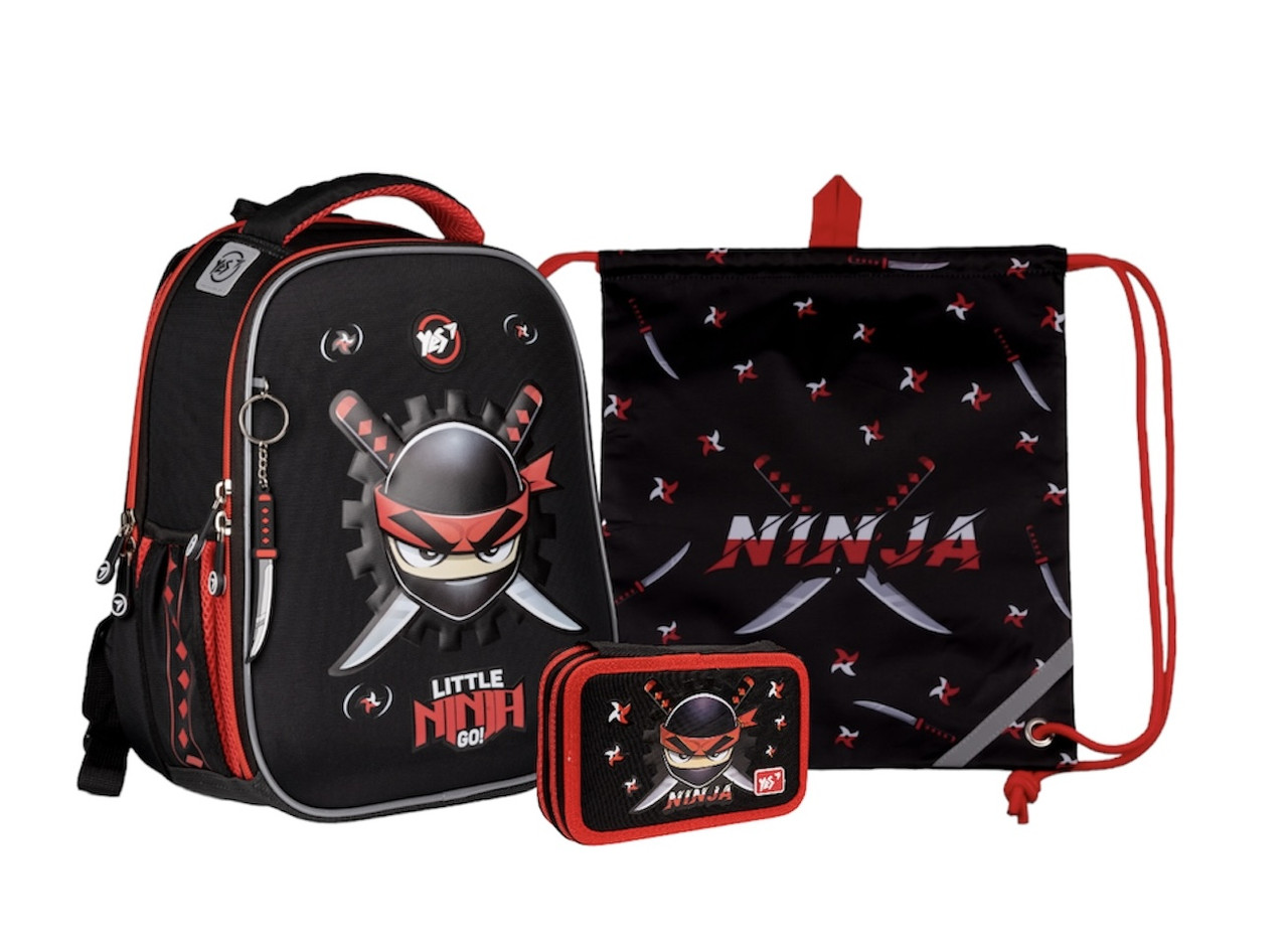 Шкільний набір першокласника YES H-100 Ninja (рюкзак+пенал+сумка для змінного взуття) 35х28х15 см, 15 л
