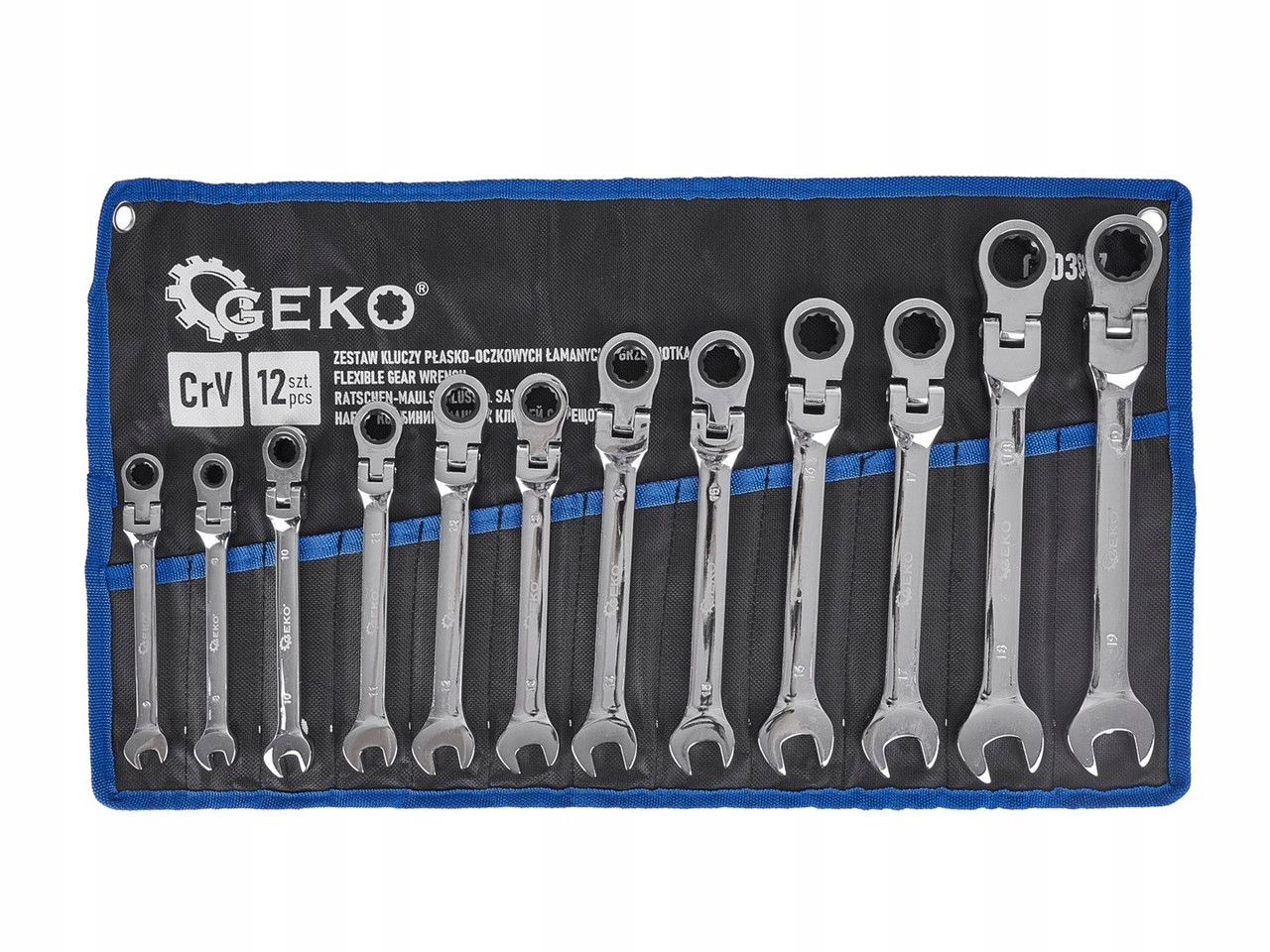 Набір ключів з тріскачкою  із шарніром у чохлі 12 штук 8-19мм GEKO G10337