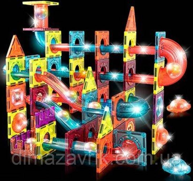 Магнітний Конструктор CH 1173 L10 "Городок, трек, кульки" світиться в темряві, 110 деталей, фото 1