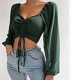 Жіночий топ у рубчик, блузка з шифоновими рукавами, топ на затяжці із сітчастими рукавами S/M/L, фото 2