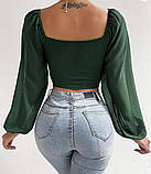 Жіночий топ у рубчик, блузка з шифоновими рукавами, топ на затяжці із сітчастими рукавами S/M/L, фото 3