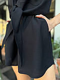 Чорний жіночий літній костюм із жатого льону: сорочка та шорти, фото 3