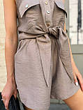Кавовий жіночий літній костюм із жатого льону: сорочка та шорти, фото 4