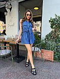 Синій жіночий літній костюм із жатого льону: сорочка та шорти, фото 2