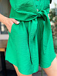 Зелений жіночий літній костюм із жатого льону: сорочка та шорти, фото 5
