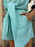 М'ятний жіночий літній костюм із жатого льону: сорочка та шорти, фото 3
