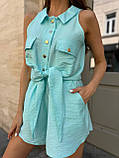М'ятний жіночий літній костюм із жатого льону: сорочка та шорти, фото 2