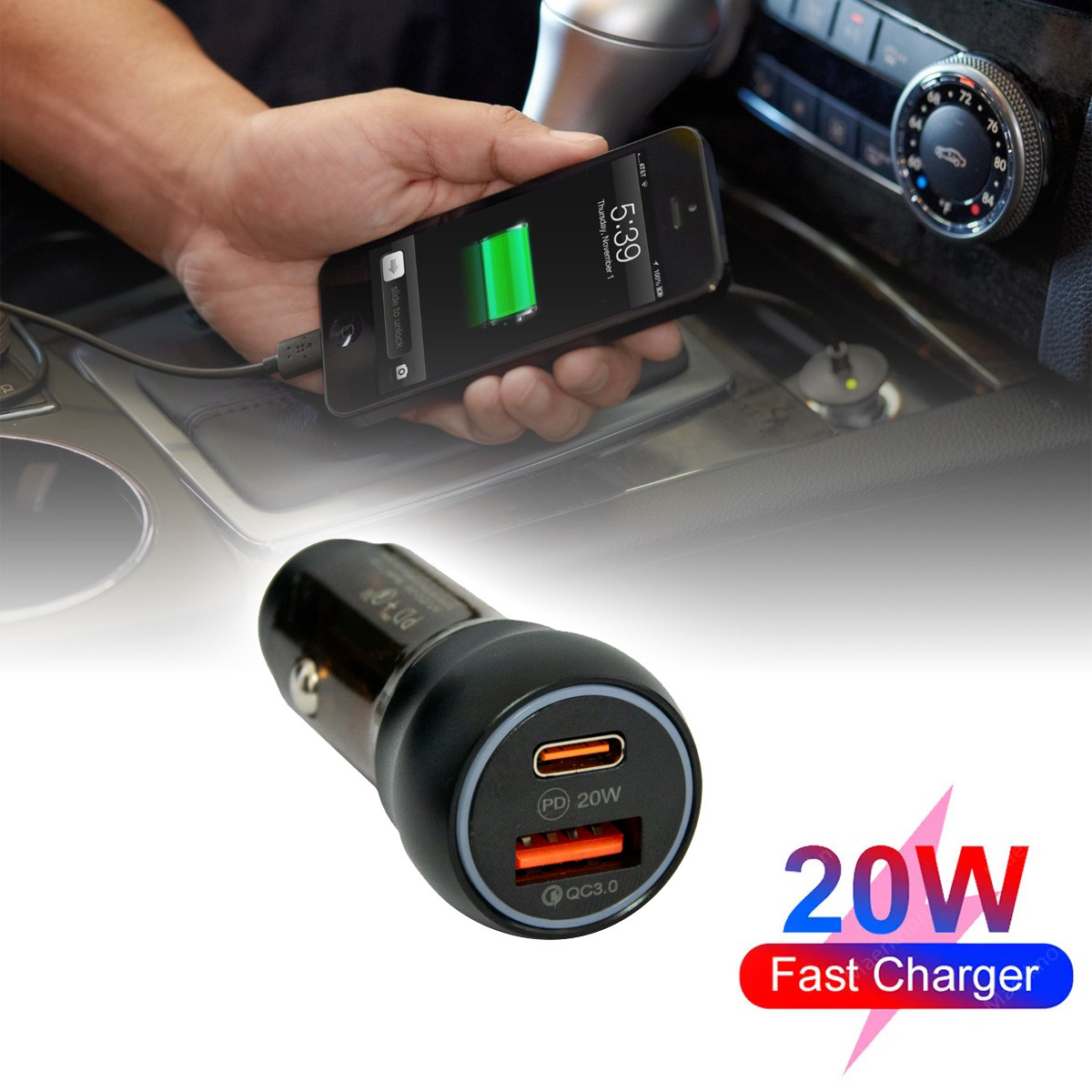 Зарядний пристрій в прикурювач CAR T-702 38W Чорний автомобільна зарядка на 2 роз'єми USB і Type-С, фото 1