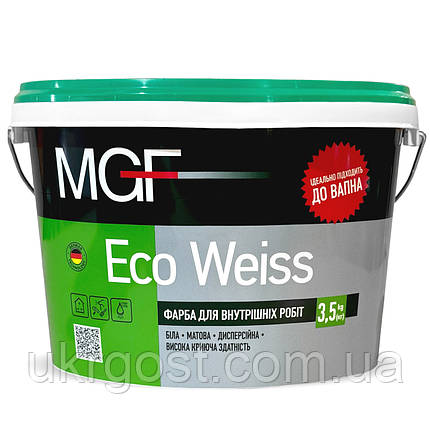 Фарба для стін акрилова водоемульсійна підходить для побілки MGF Eco Weiss M1 мат білий 3,5 кг, фото 3