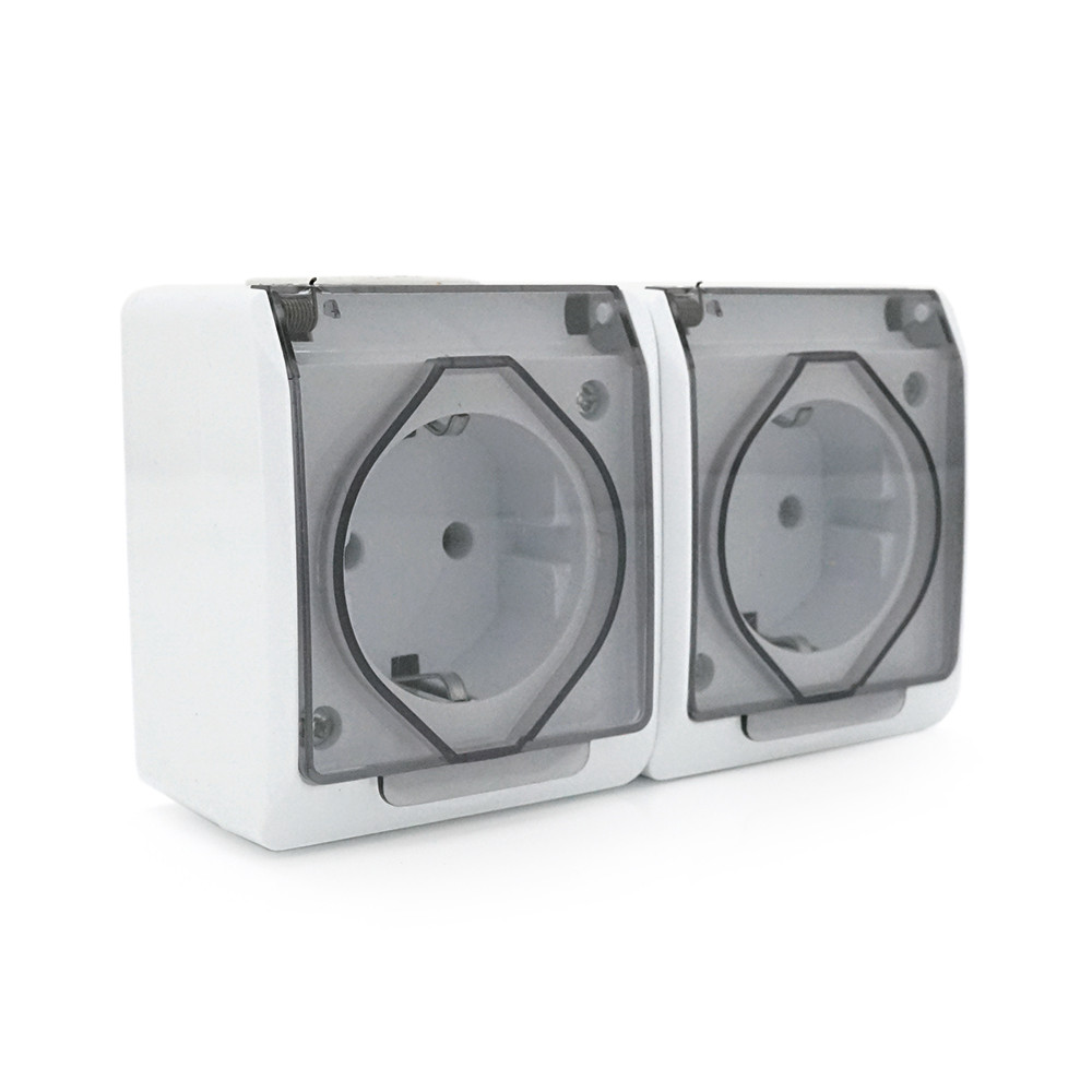 Розетка подвійна без заземлення зовнішнього монтажу з кришкою YT164, біла, IP44, Q5, фото 1