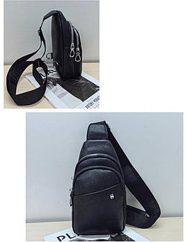 Чоловіча сумка слінг чорна на блискавці з кишенею 28*13 см зі штучної шкіри Nina